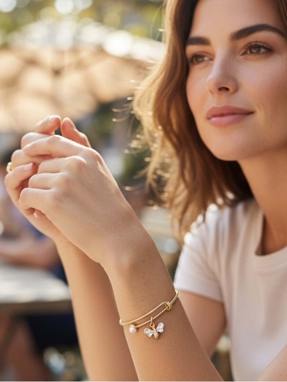 ELEGANT GOLD BEE BLING CHARM BRACELET WITH PEARL ACCENT